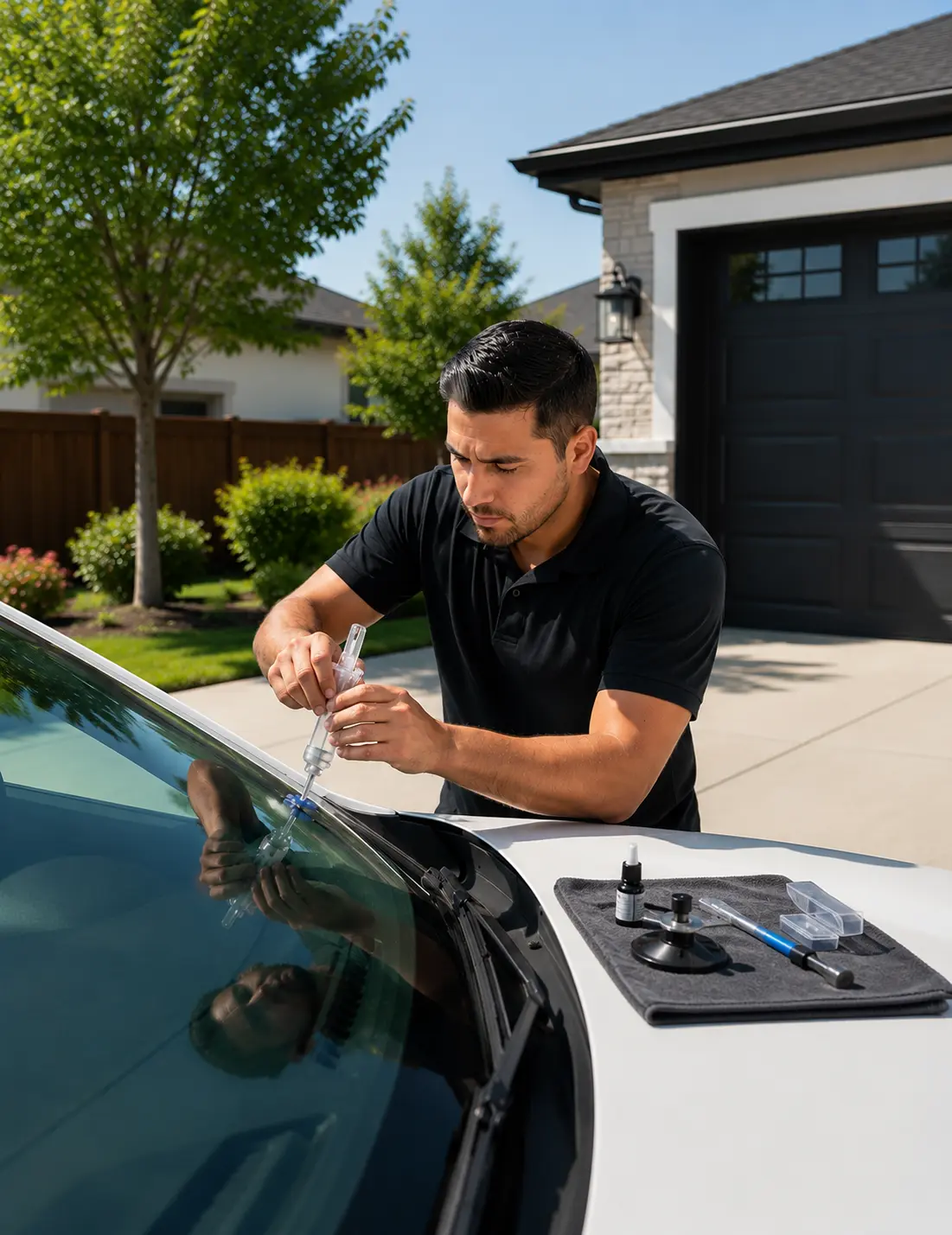 Auto glass repair on a chipped windshield by Buena Park Auto Glass in Buena Park, CA