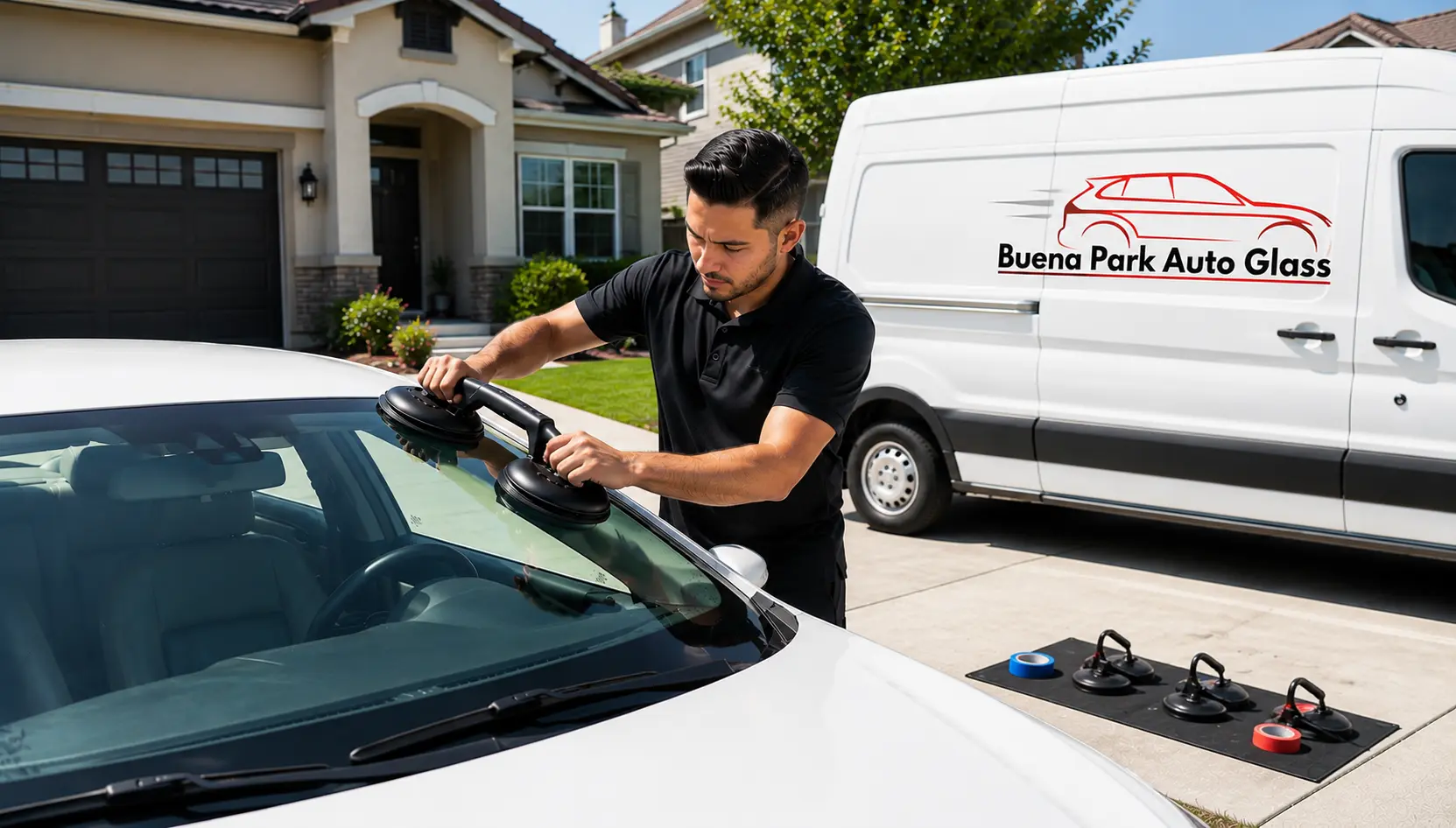 Auto glass replacement on a vehicle by Buena Park Auto Glass in Buena Park, CA