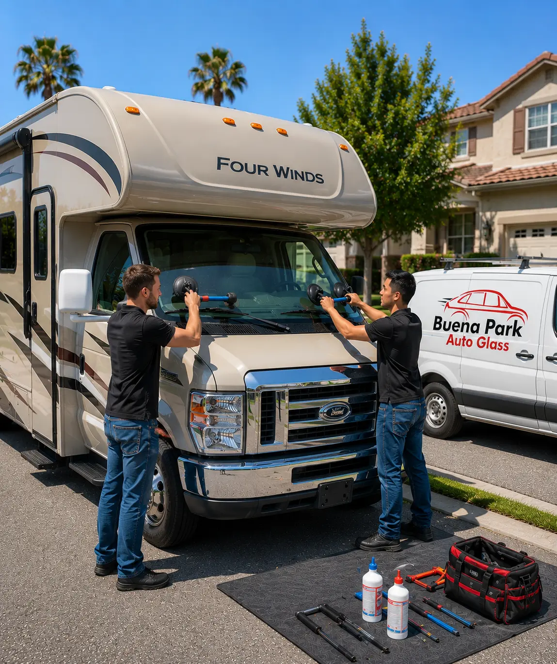 RV windshield repair and replacement on a motorhome by Buena Park Auto Glass in Buena Park, CA