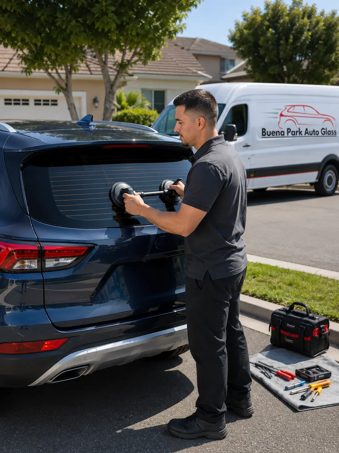 Rear glass replacement on a vehicle back window by Buena Park Auto Glass in Buena Park, CA