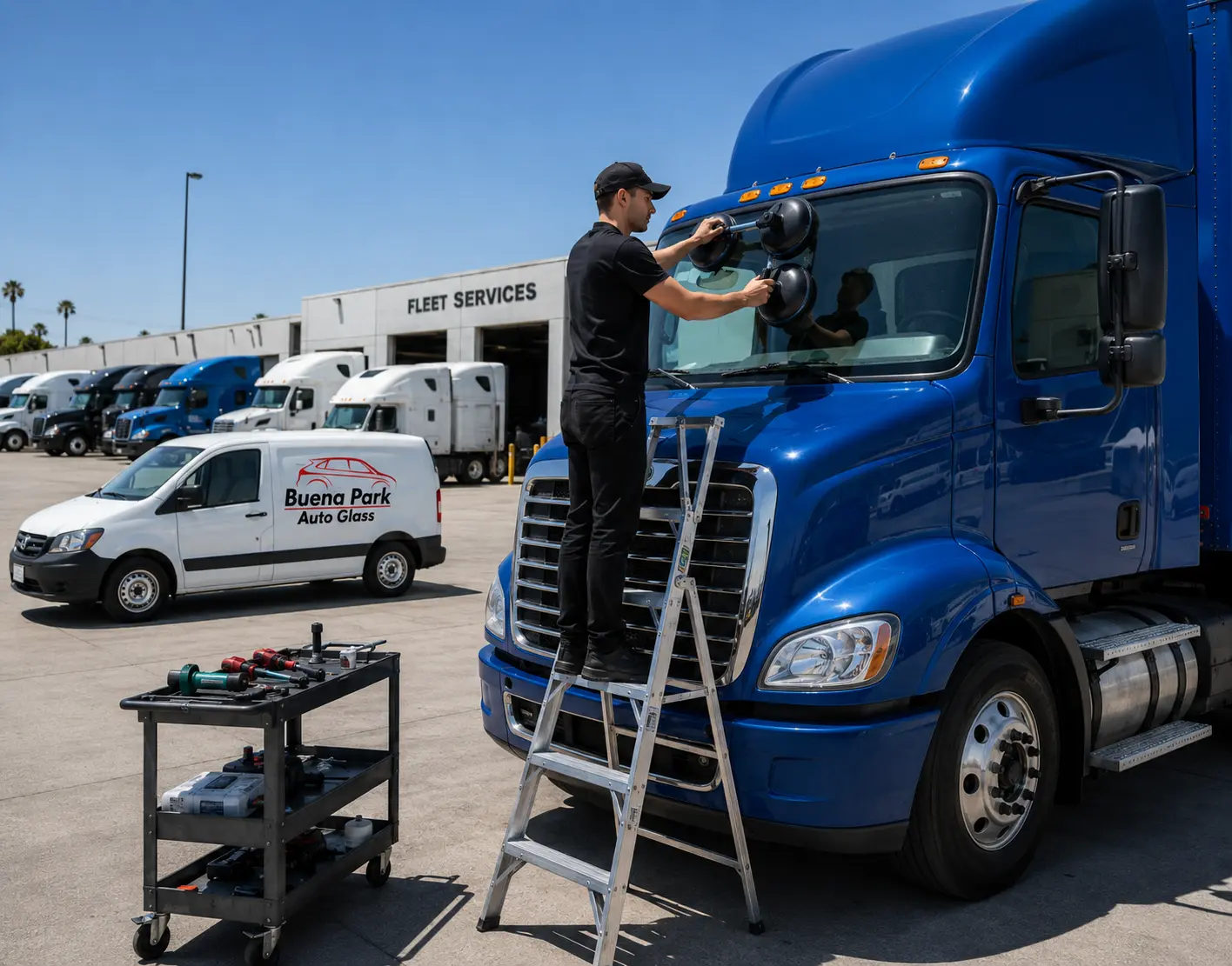 Semi-truck windshield repair and replacement on a commercial truck by Buena Park Auto Glass in Buena Park, CA