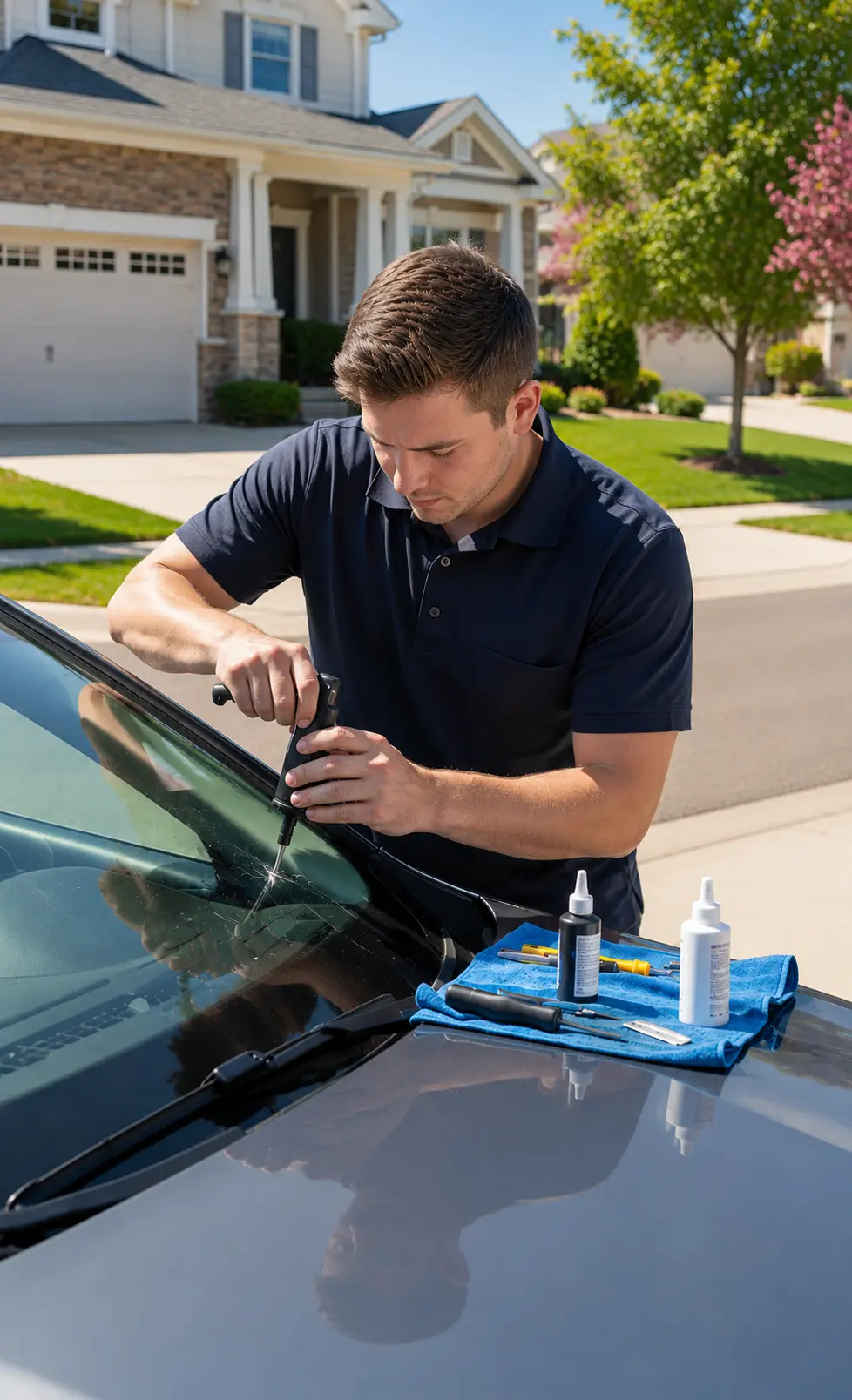 Windshield repair on a rock chip by Buena Park Auto Glass in Buena Park, CA