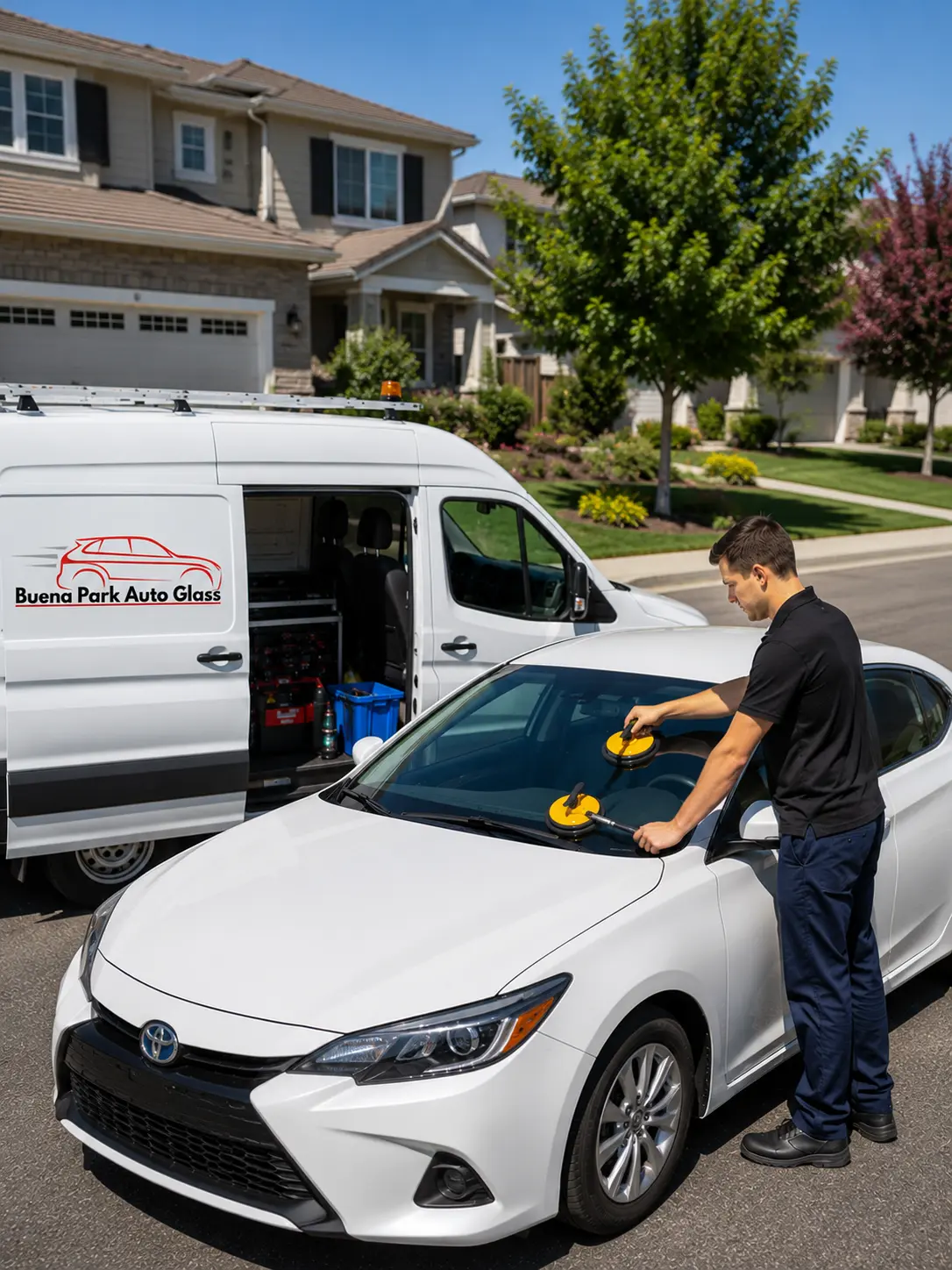 Windshield replacement on a vehicle by Buena Park Auto Glass in Buena Park, CA